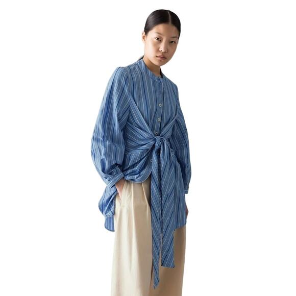 Toast Tops - TOAST Sodalite Blue Stripe Poplin Wrap Front Shirt Size 8